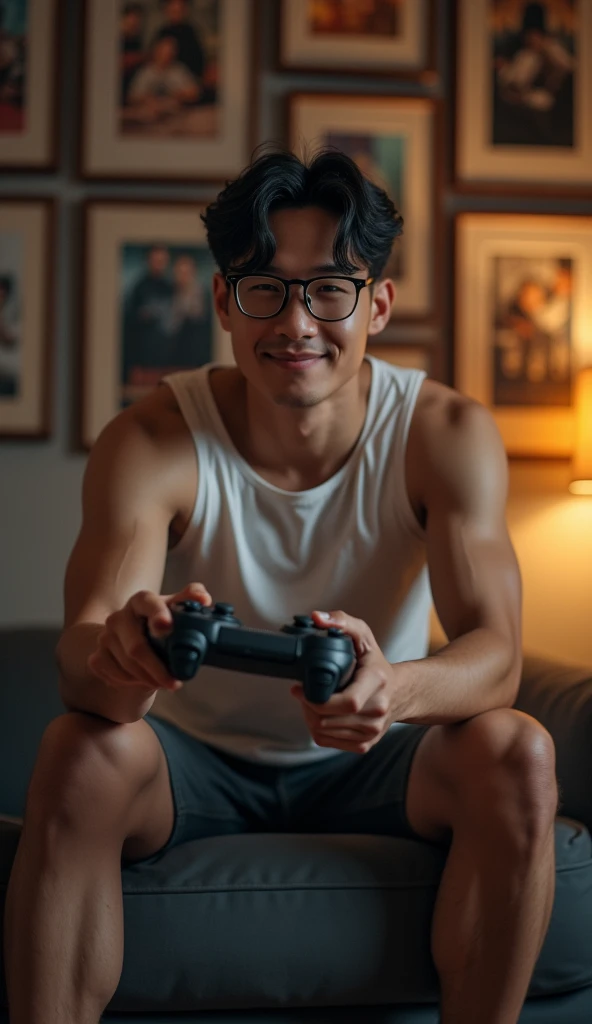 photorealistic, best quality, masterpiece, extremely detailed, ((side view)), 30 year old athletic vietnamese man, no facial hair, glasses, wearing 8bit graphic tshirt, his right hand holds out a video game console controller towards camera, looking at camera, closed smile, sitting on couch, in masculine bedroom, movie posters on the wall, extremely romantic atmosphere, perfect face, perfect fingers, perfect hands, perfection