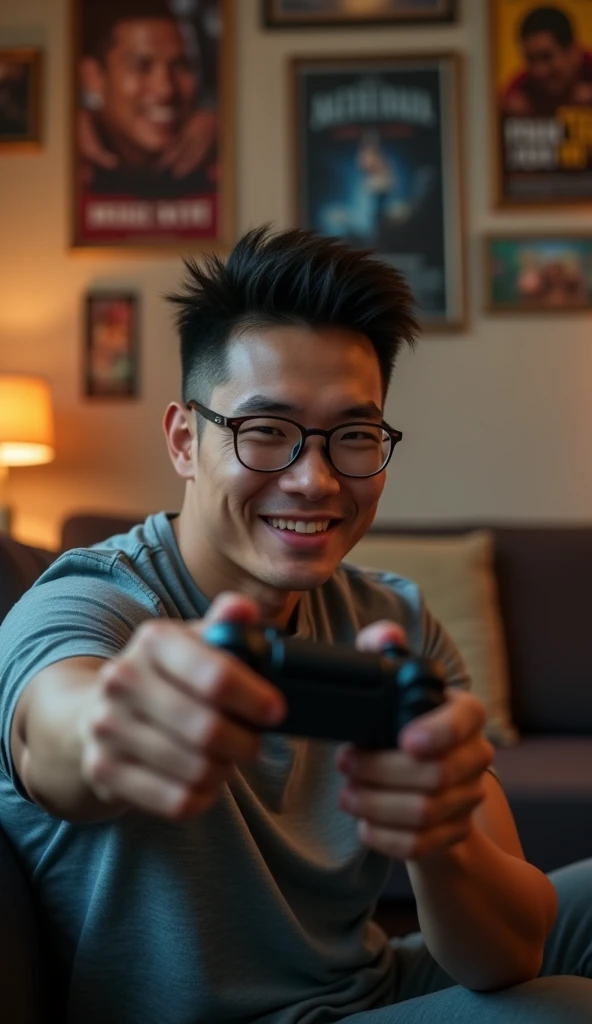 photorealistic, best quality, masterpiece, extremely detailed, ((side view)), 30 year old athletic vietnamese man, no facial hair, glasses, wearing 8bit graphic tshirt, his right hand holds out a video game console controller towards camera, looking at camera, closed smile, sitting on couch, in masculine bedroom, movie posters on the wall, extremely romantic atmosphere, perfect face, perfect fingers, perfect hands, perfection