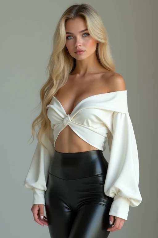 1 girl with latex leggings and oversized white Top and very big titts and blond hair and blue eys