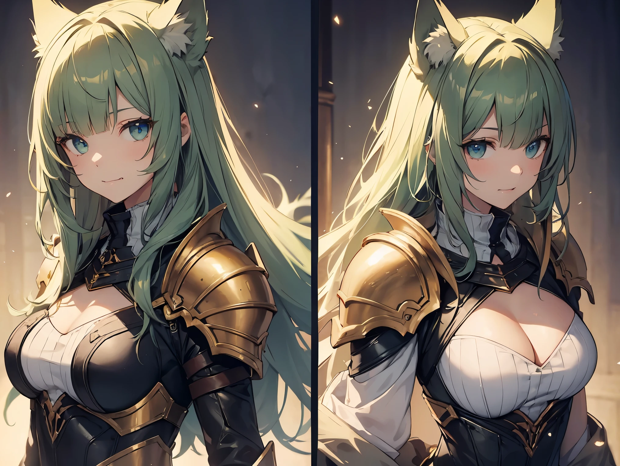 perfect eyes, soft light, high quality, 4k resolution, masterpiece, textured skin, high details, detailed face, detailed eyes, best quality, award winning, super detail, high quality, green hair, blunt bangs, messy hair, wolf ears, fangs, licking lips, Knight in metal armor, (gold shoulder pads), from side, multiple views