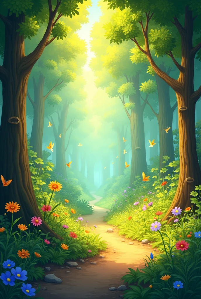 background for a story in the animated forest with sun and colors