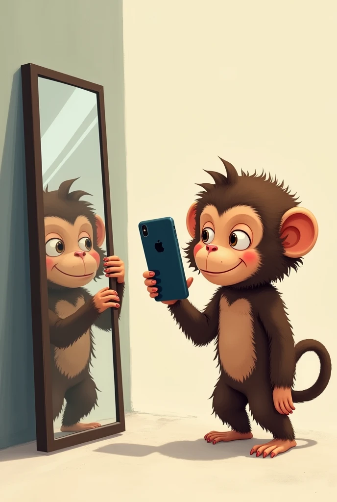 A monkey with curly human hair taking a selfie in the mirror, holding a dark blue phone in one hand.