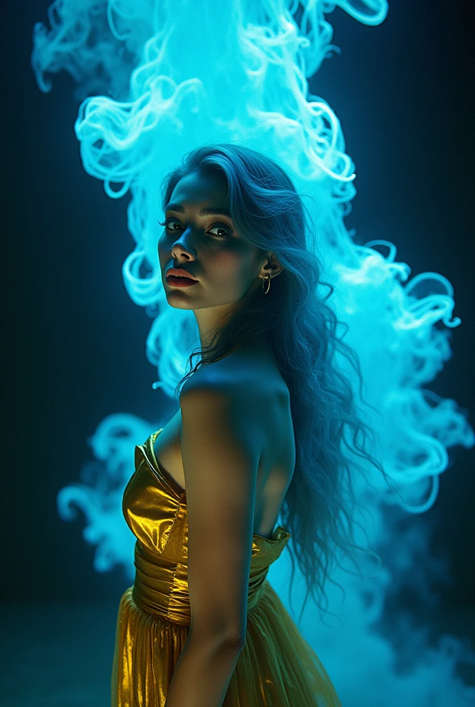 An angled view of gadis_jelita wearing Gold silk dress, nude lipstick, detail, fire. abstract blue-turquoise fire, low angle camera shot from under water, fire sprayed to water from left and right side, fire in blue-turquoise colours, black background, illustrative, UHD, (best quality,4k,8k,highres,masterpiece:1.2),ultra-detailed,(realistic,photorealistic,photo-realistic:1.37),vivid colors,vibrant,dynamic,mesmerizing,hypnotic,liquid art,abstract expressionism,liquid rainbow,underwater scene,dramatic lighting,dynamic composition,rainbow sprays,black void background
