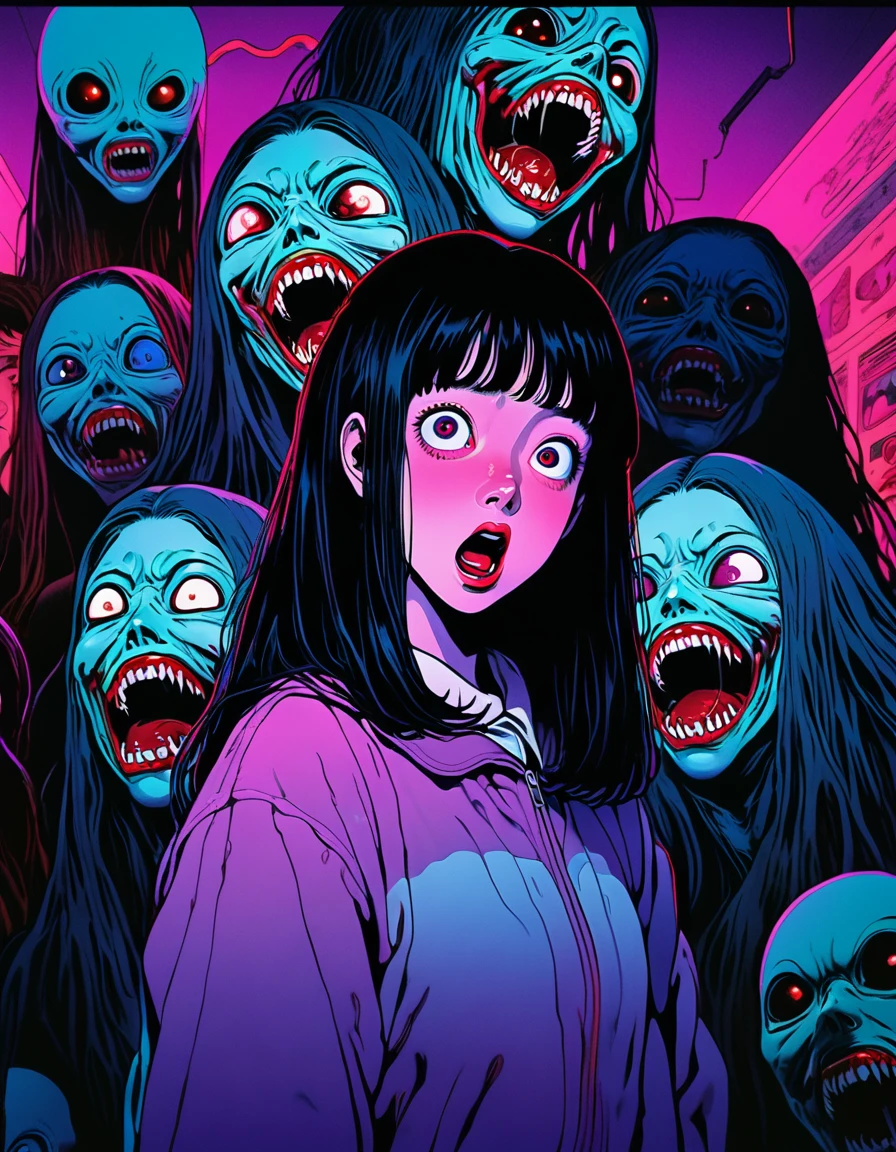 illust、art、from 80s horror movie, directed by Junji Ito、nightmare、high detail, realsitic shadow、Analog style, vhs style, 8mm film, chromatic aberration, Dvd screengrab、Blue-purple and red-purple gradation、Surrealism、alien invasion、scared girl、overreaction、over react、strong facial expression