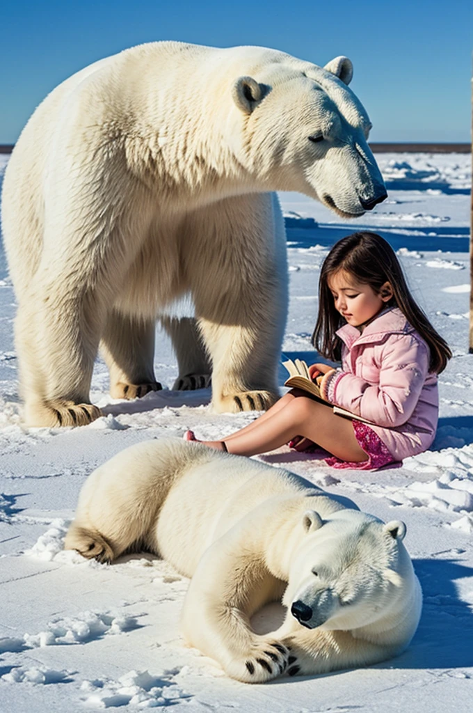 polar bear protecting a girl reading a book