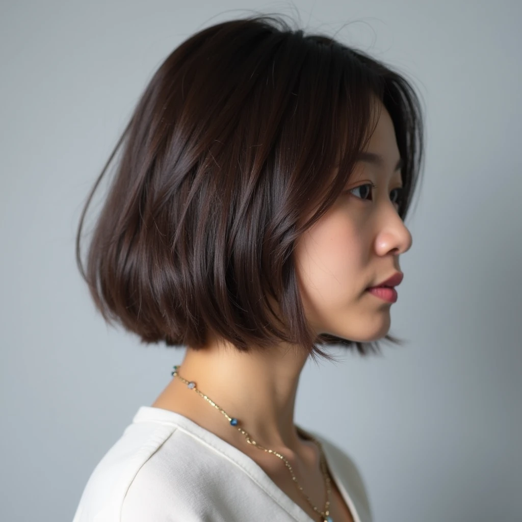 On a grey background Bob hairstyle with dark brown hair20Profile of a Japanese woman in her late 20s