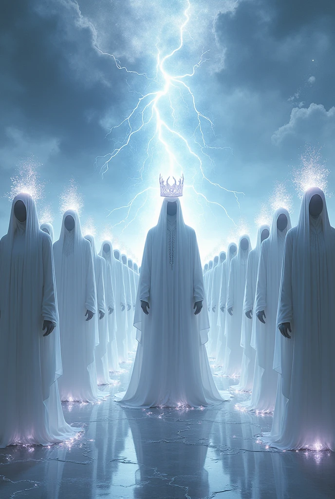 Make an army of men in white robes , with powers of energy and electricity, and that one has a crown of energy