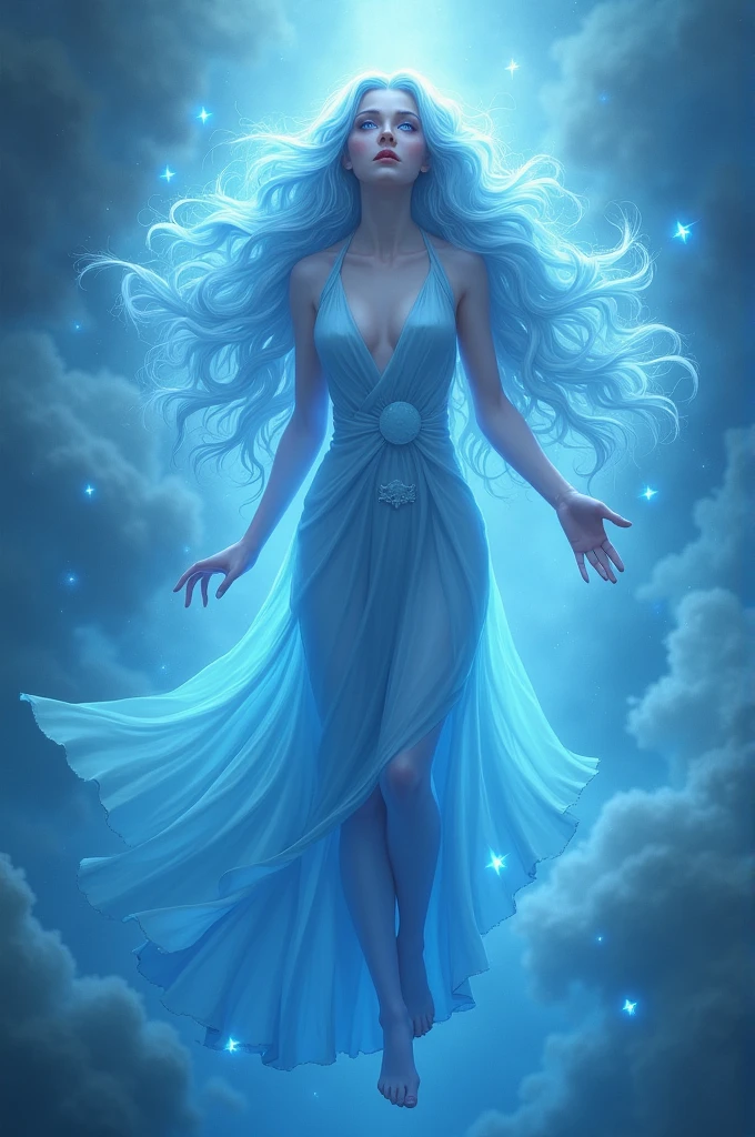 Make me a goddess with blue hair and sparkling eyes, who floats while surrounded by a blue aura. 