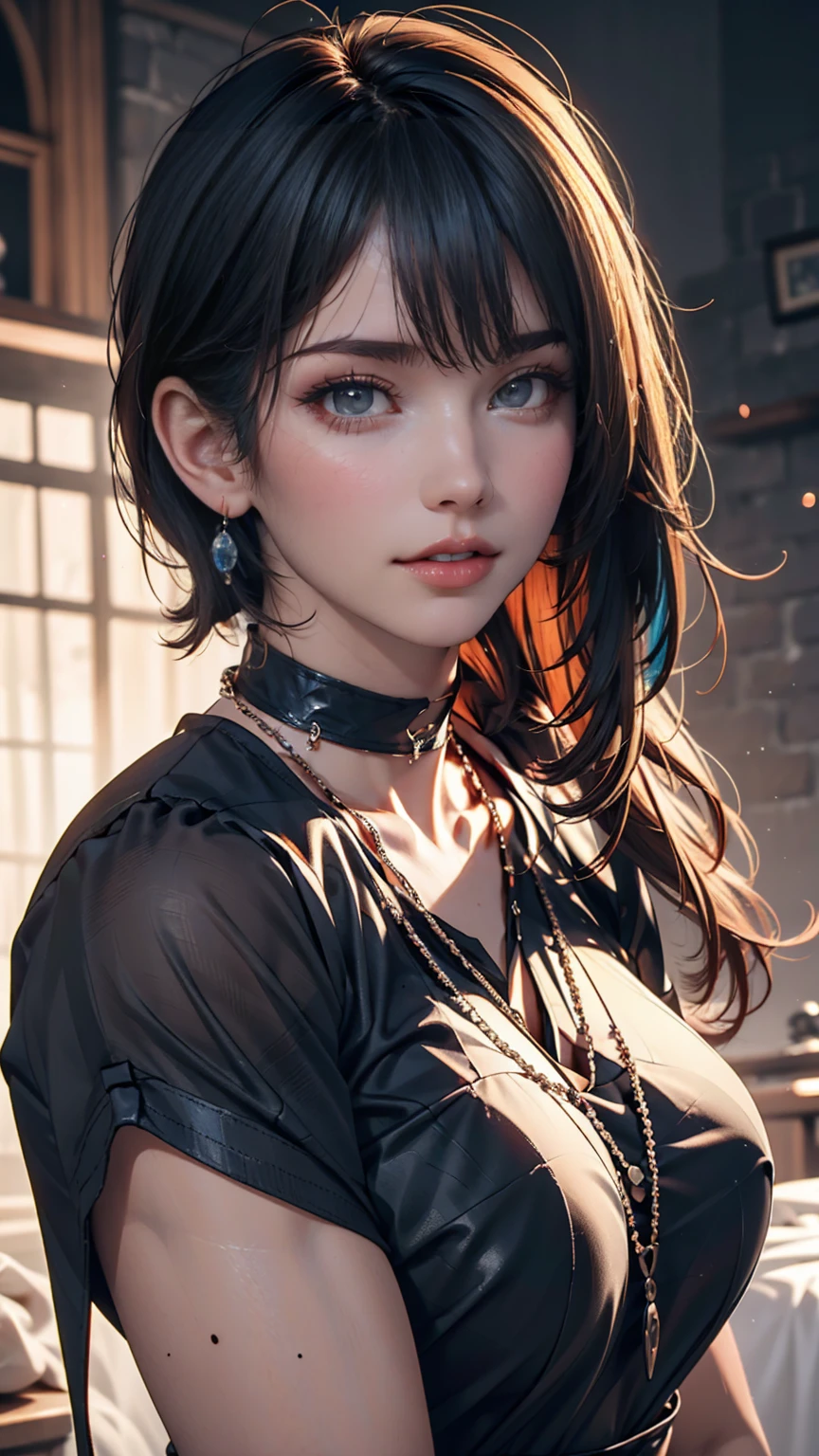 masterpiece, Highest quality,3dレンダリング作品 ,3dMMスタイル,close,Portraiture, 3d,One person, alone, Multicolored Hair, Blue Hair, Black Hair, necklace, freckles, jewelry, Two-tone hair, Look to the side, Realistic, Upper Body, Simple Background, bangs, avert your eyes, short hair, parted lips, Iris, lips, Gothic, choker, compensate, Mole, black shirt, shirt, watermark