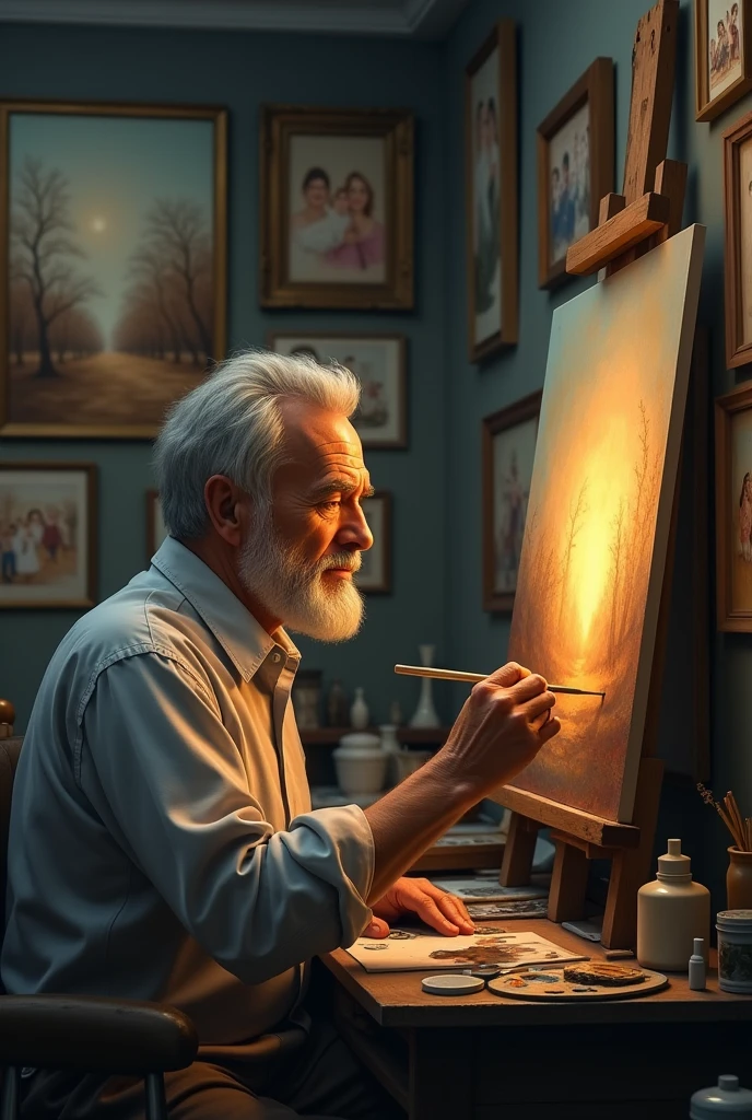 man painting feelings with several sentimental paintings in the background