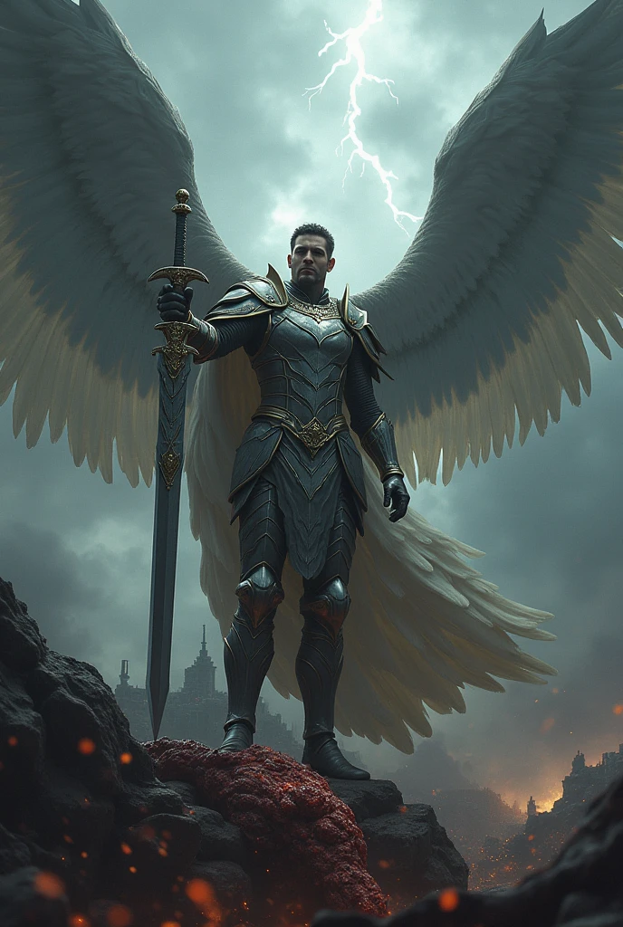 Imagine San Miguel with armor, a sword, and stepping on a demon, a background with dark, hyperrealistic clouds. Real wings with beautiful, well-defined feathers, and a scale intertwined with his sword.