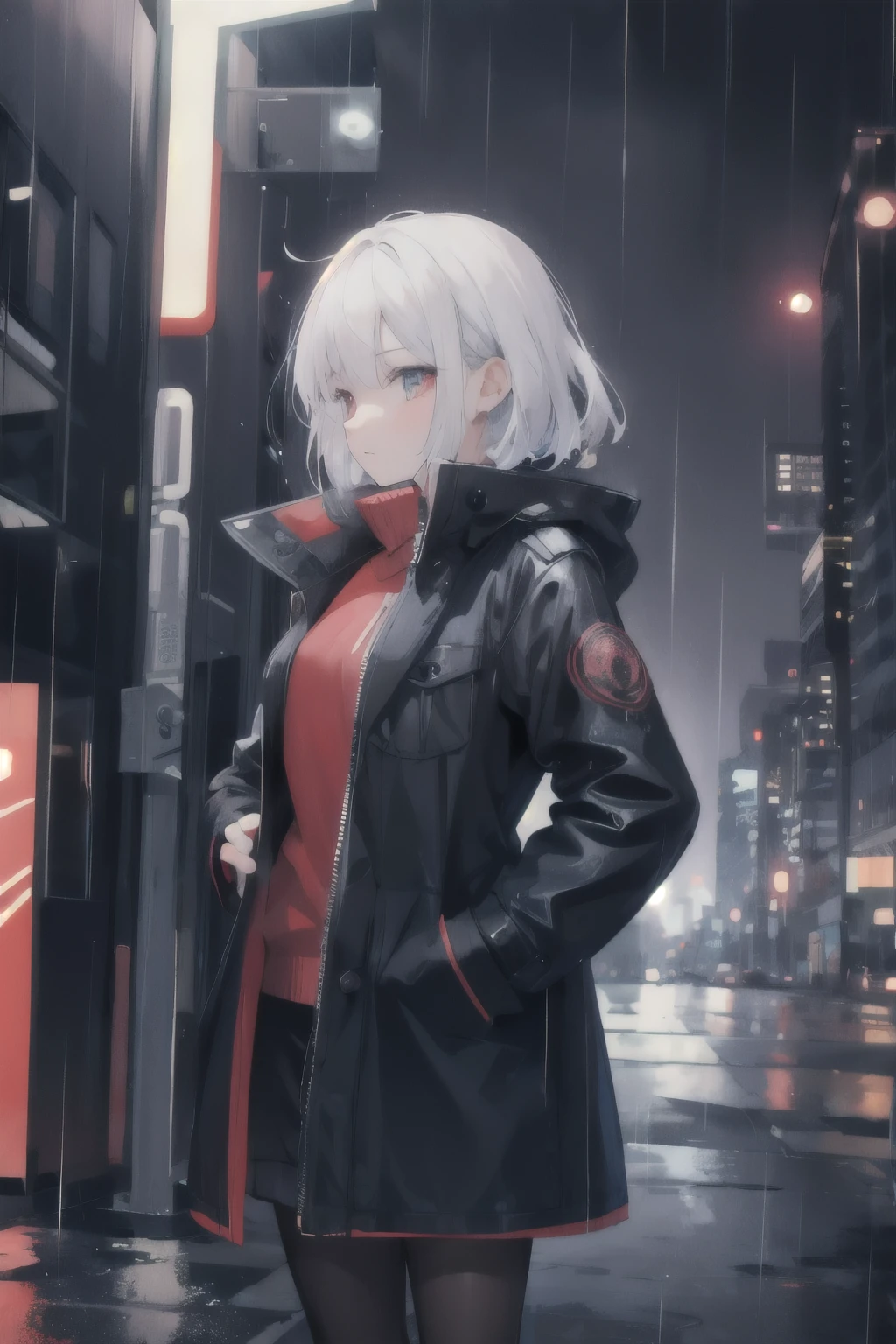1 Girl,of the night city,rain,coat,Hands in pockets