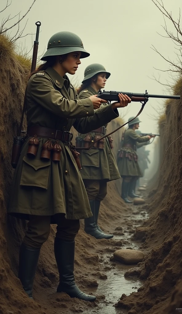 Beautiful women fighting in the trenches of World War I