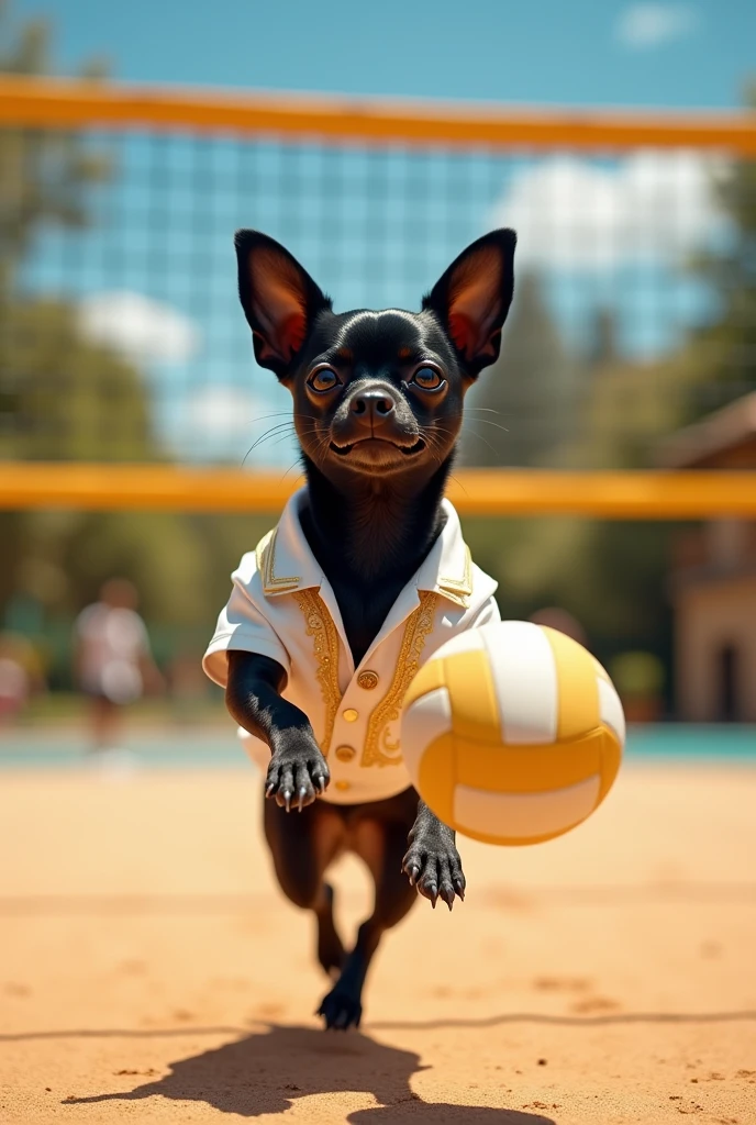 A black chihuahua playing volleyball wearing a white shirt with gold accents and a black shirt with gold details.