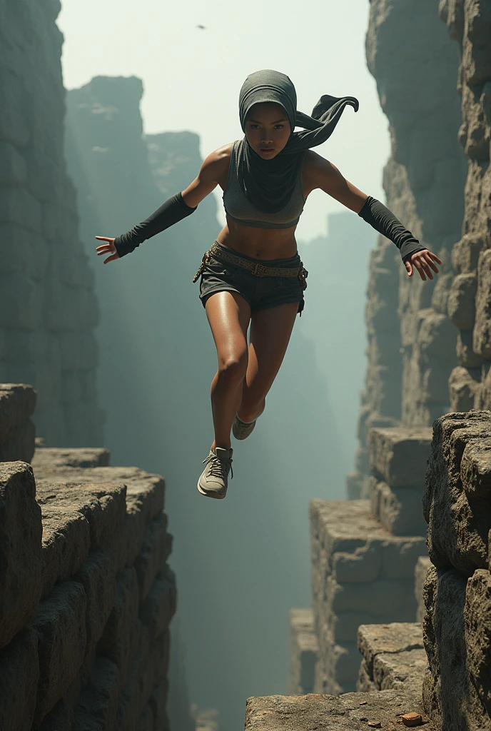 Set the scene in a gritty, stone environment. The Malay girl, adorned in a sporty hijab, naked, engages in an exhilarating parkour challenge, leaping between platforms, vaulting over obstacles, and showcasing her agility. Capture the raw energy and determination in her expression