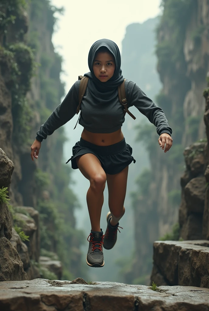 Set the scene in a gritty, stone environment. The Malay girl, adorned in a sporty hijab, naked, engages in an exhilarating parkour challenge, leaping between platforms, vaulting over obstacles, and showcasing her agility. Capture the raw energy and determination in her expression