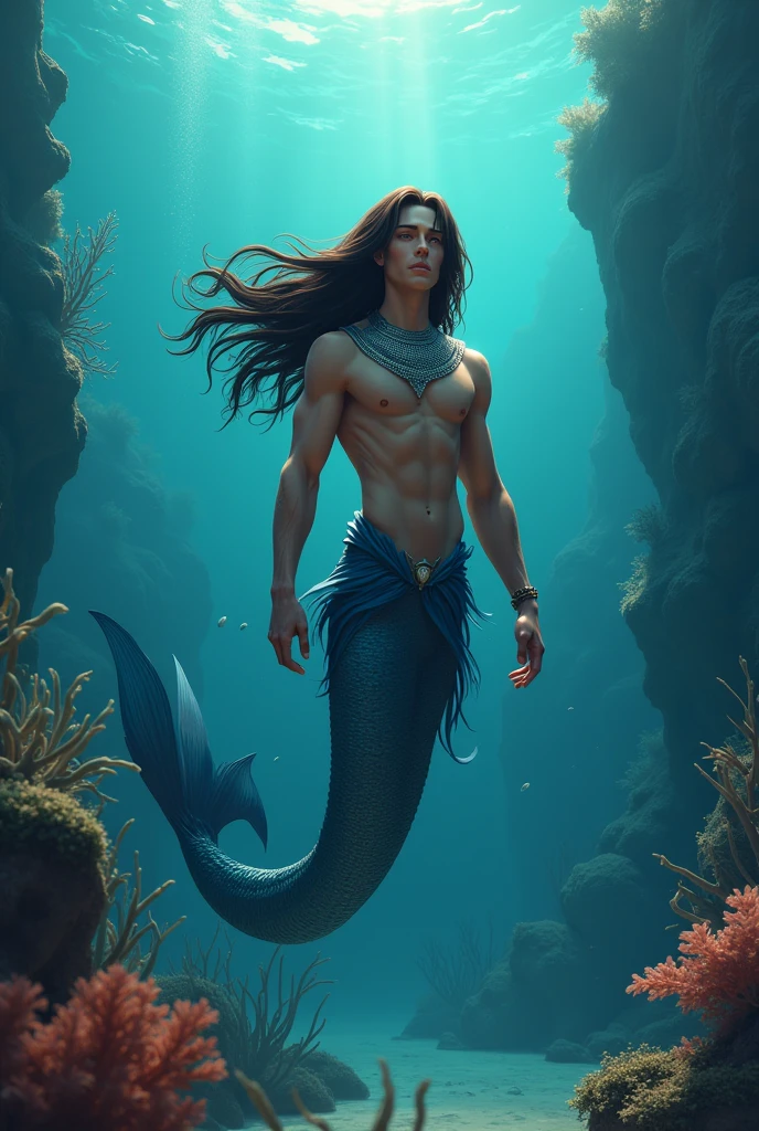 male mermaid, ager boy, sereio masculine, in the deep sea, with details of the seabed, (highest quallity、tabletop、8k、best quality image、Hyper-Realism) masculine, clothes in silver and blue colors, beautiful mermaid, Scrawny, long dark brown hair, collar around the neck exploring the ocean, seen from coasts