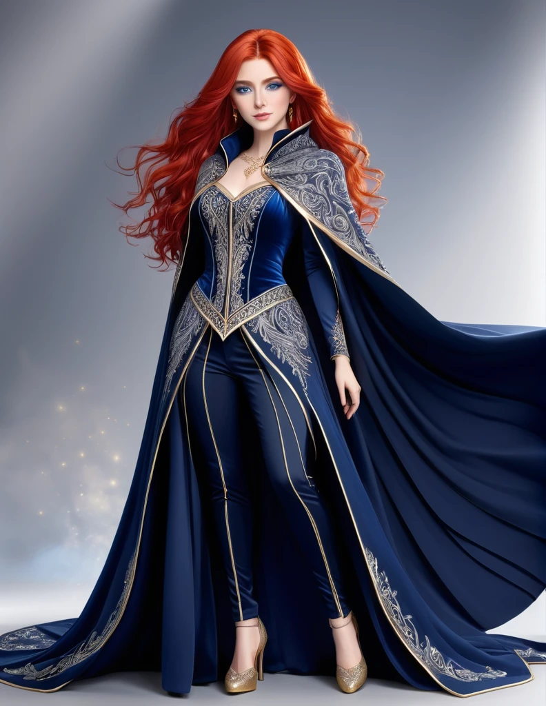 Sylara, a princess from Arathel, wearing a deep blue dress with silver threads, with fitted bodice, with silver and gold embroidery and a black velvet cloak, the skirt is pleated, she's hiding a pair of blue pants, with red hair and blue eyes, in anime style, is standing, whole body, a mature woman of 28 years old