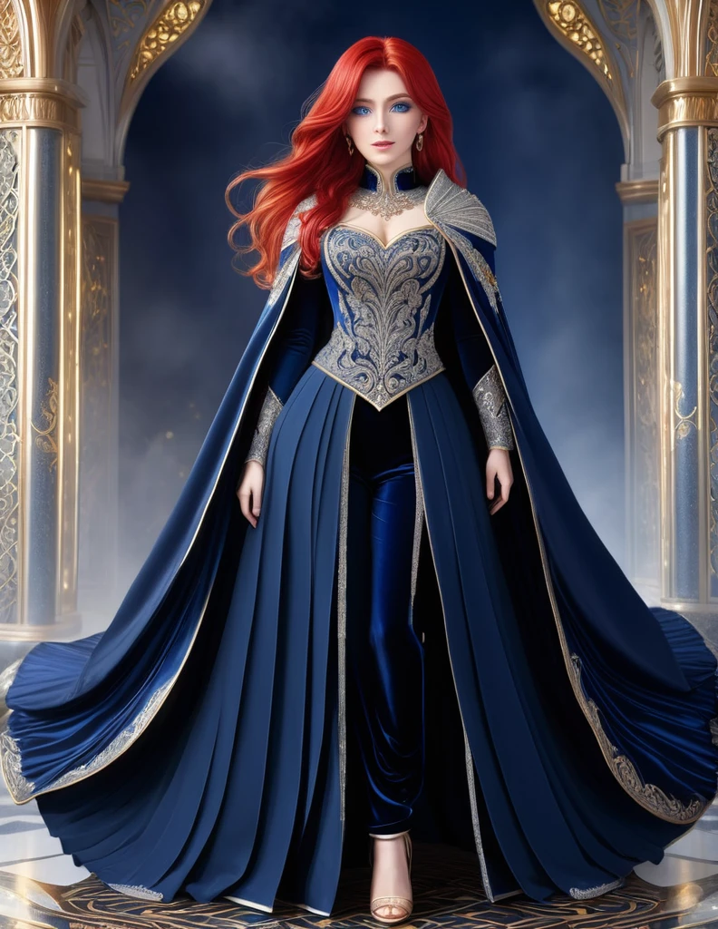 Sylara, a princess from Arathel, wearing a deep blue dress with silver threads, with fitted bodice, with silver and gold embroidery and a black velvet cloak, the skirt is pleated, she's hiding a pair of blue pants, with red hair and blue eyes, in anime style, is standing, whole body, a mature woman of 28 years old