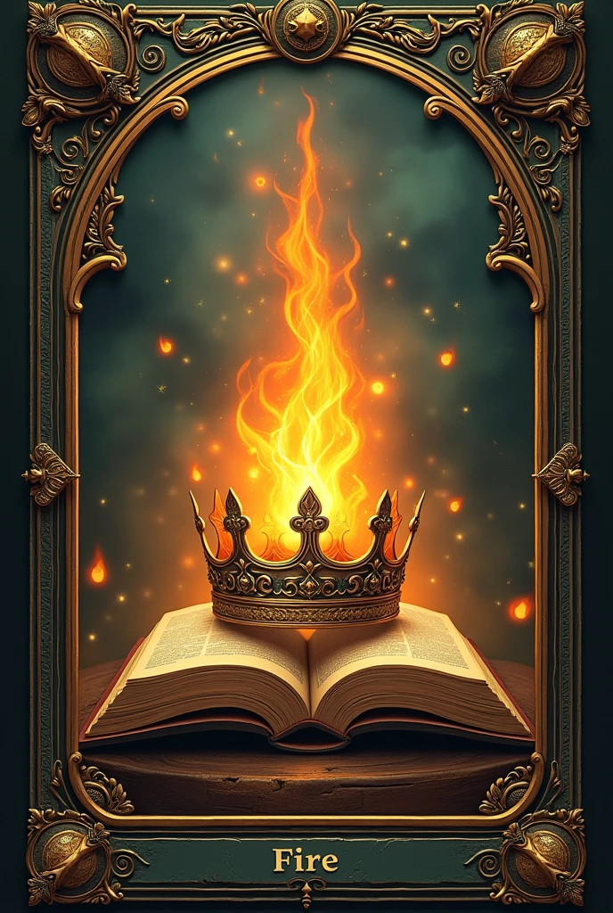 A tarot card that has the name "on fire" where there is an olive crown and above a book with a flame of fire