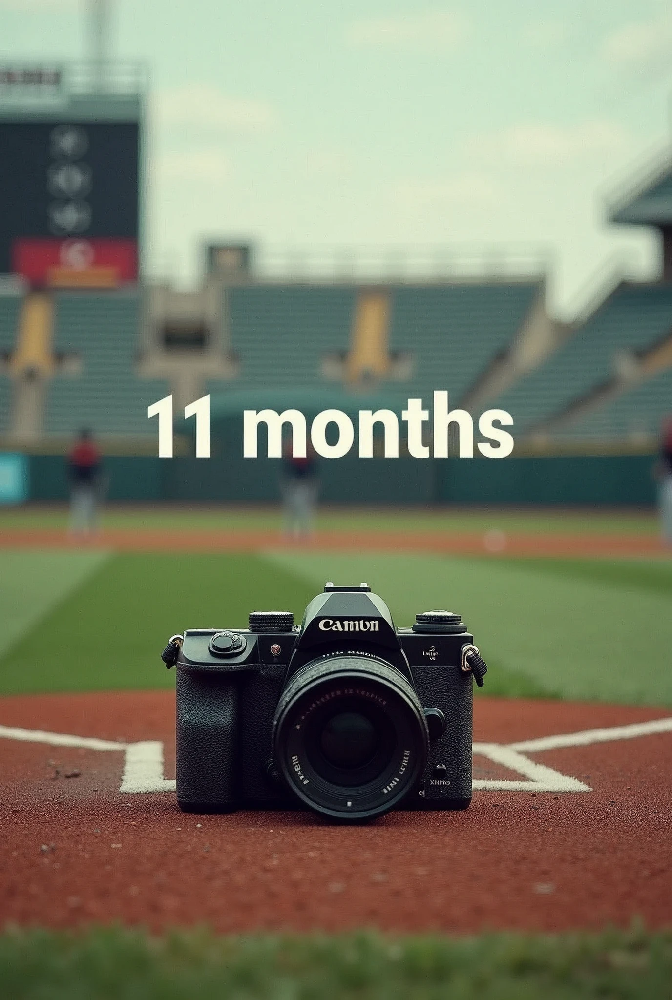 Photography background, baseball theme and including the text 11 months