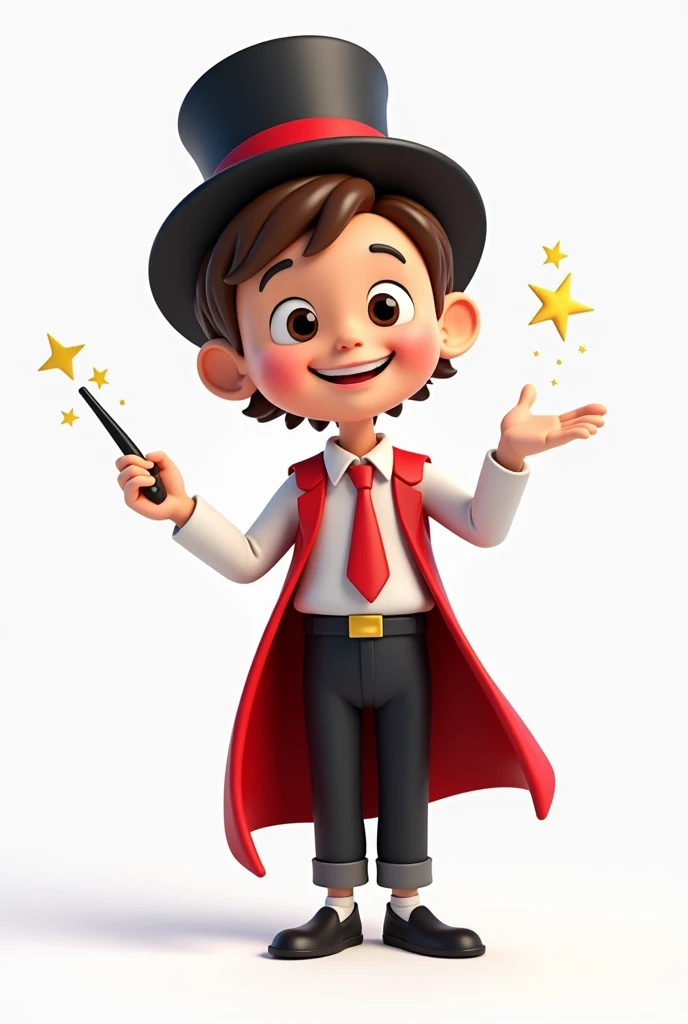 A happy and cute person with short brown hair, wearing a magician's outfit consisting of a white shirt, a red tie, a pair of black pants, shoes black, a black top hat with a red band on his head and a magic wand in his hand, white background, Pixar-style, 3d, Cartoon s, face detailed, asymmetric
