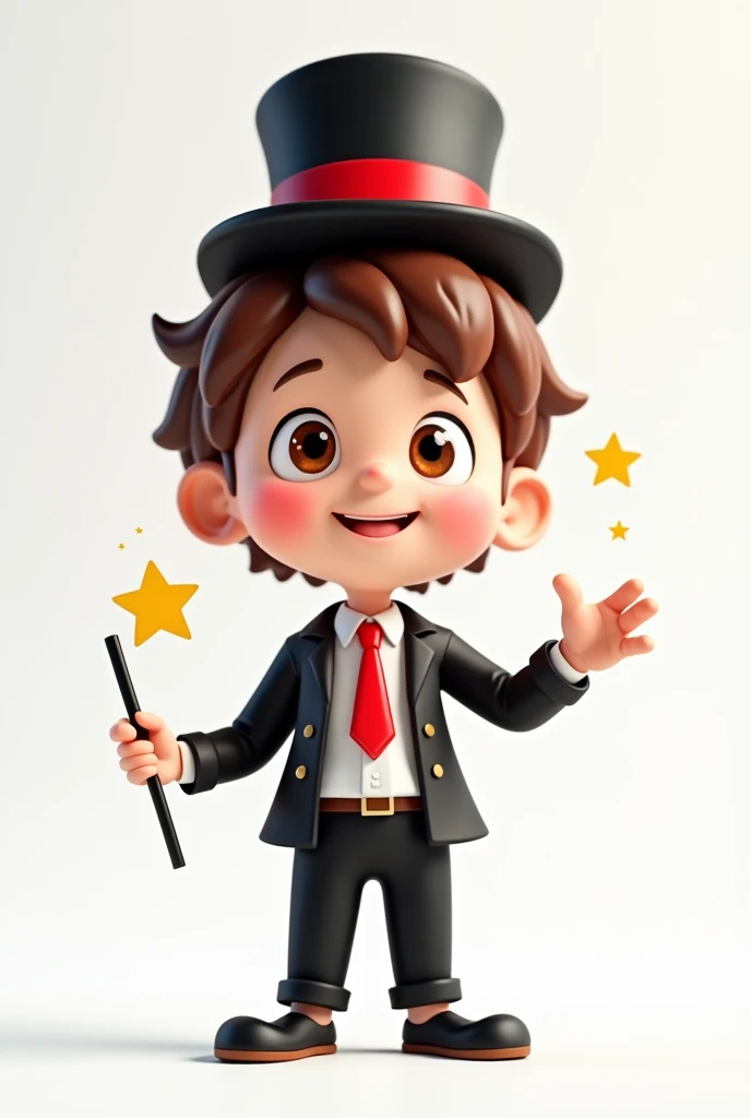 A happy and cute person with short brown hair, wearing a magician's outfit consisting of a white shirt, a red tie, a pair of black pants, shoes black, a black top hat with a red band on his head and a magic wand in his hand, white background, Pixar-style, 3d, Cartoon s, face detailed, asymmetric