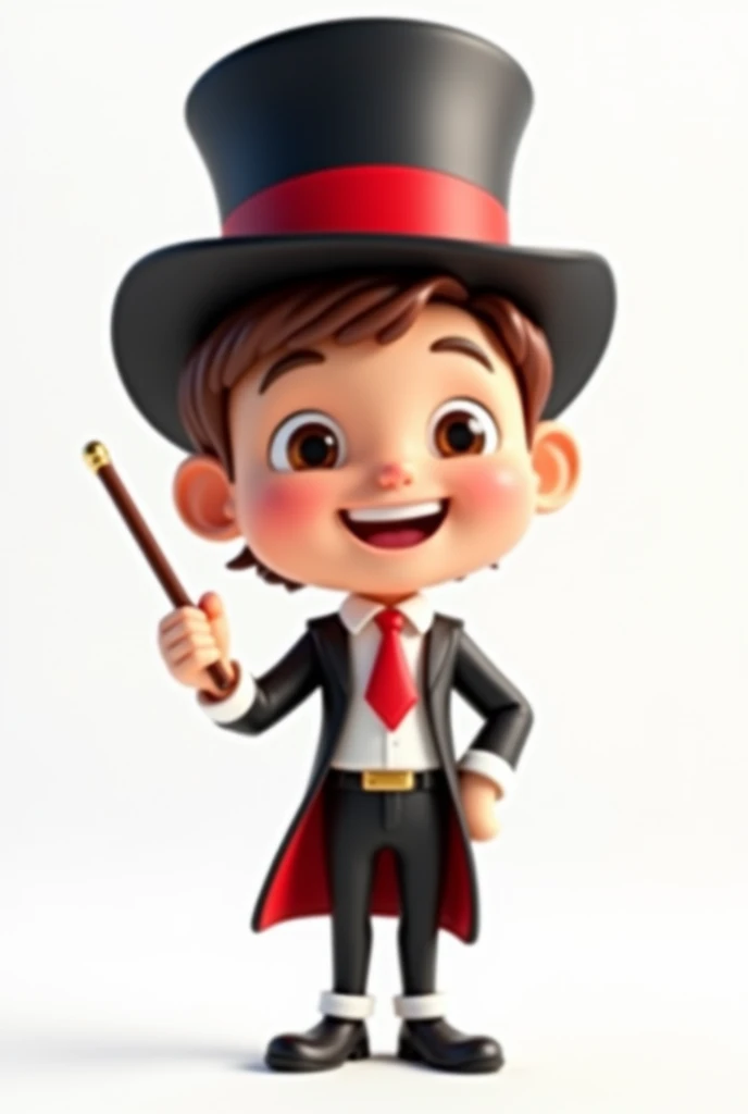 A happy and cute person with short brown hair, wearing a magician's outfit consisting of a white shirt, a red tie, a pair of black pants, shoes black, a black top hat with a red band on his head and a magic wand in his hand, white background, Pixar-style, 3d, Cartoon s, face detailed, asymmetric