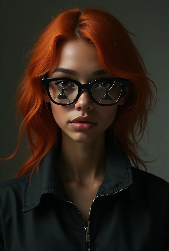 Redhead black girl with glasses with a death symbol