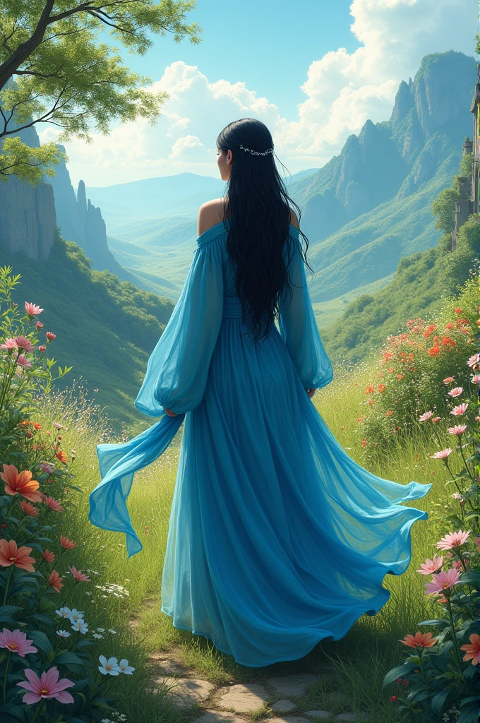 An image, of a lush landscape with a woman wearing long blue clothes, black medium hair,