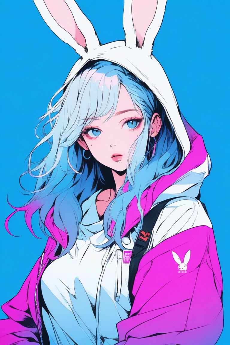 Illustrator, anime , Realistic ,sketch , 1 person, ,lip, Bunny Girl Costume, (((whole body))), order, Blue gradient background, Neon Medium Hair,Texture Trim, Canadian, (masterpiece,Highest quality)