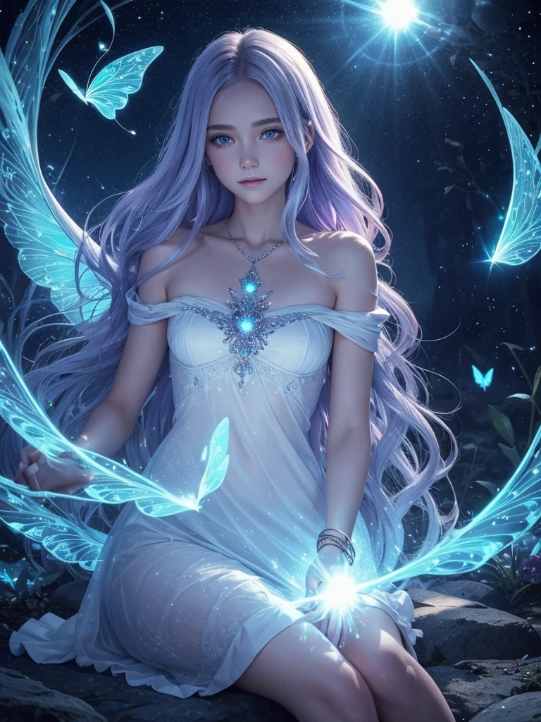 The image is intended to represent a profound and fascinating visualization of a soul
**backdrop:**
- A mystical, almost ethereal landscape, that represents a magical in-between world. Gentle colors like blue, Purple and silver to show this world, with light light reflections and twinkling stars.
**Central figure:**
- A female figure, that moves in this magical world. Her skin could be slightly translucent or shimmering to emphasize her otherworldly character. She wears tattoos, like old, mystical symbols look
**companion:**
- An elegant, mystical cat with glowing eyes, that sits next to her. The cat has a special charisma, as if he really sees and understands the soul. He radiates a gentle aura, that shows its magical connection to the soul.
**Magical creature:**
- A small, luminous being, that holds a clover in its hands. The clover radiates a warm, golden light from, symbolizes luck and protection for the soul. The creature is delicate and ethereal, with small wings and glitter, to emphasize her magic.
**Change:**
- Die weibliche Gestalt zeigt eine subtile Change in ihren Erscheinungsmerkmalen. there are slight differences in the color of her hair, to clarify, that she is constantly changing, depending on, what she experiences.
**Details:**
- To show the soul faded memories and glowing butterflies, um die Idee der ständigen Change und des Wandels zu zeigen.
**heaven and surroundings:**
- The sky in a mix of soft, hypnotic colors, Fog that complements the image and to enhance the mystical atmosphere.
This image should show the magic, the change and the deep connection between the soul, ihrem companion und dem kleinen magischen Wesen auf eindrucksvolle Weise darstellen.