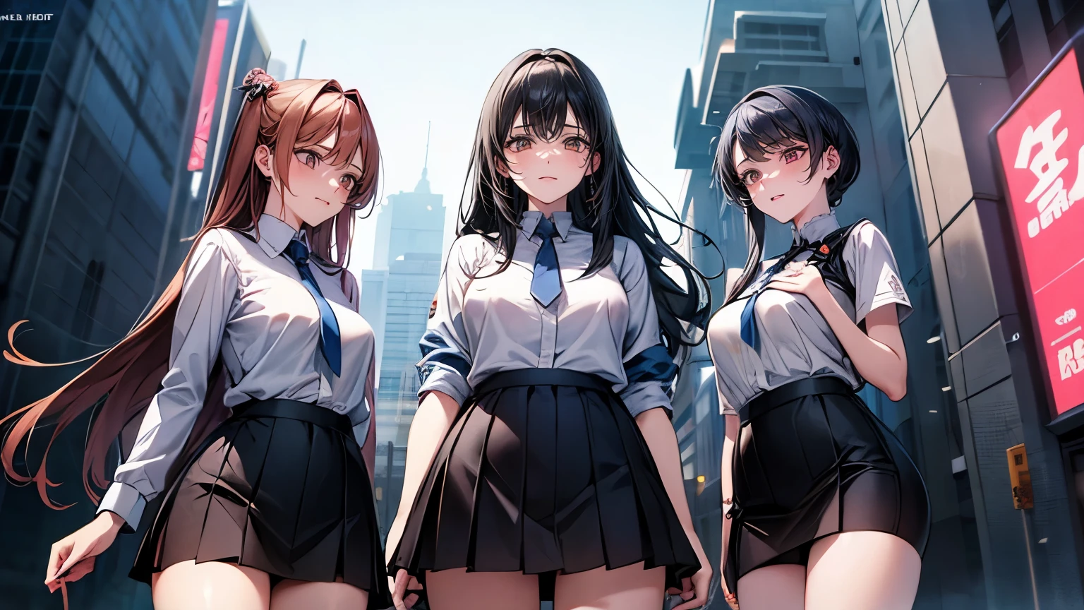 （Very delicate and beautiful：1.2）super model,,Beautiful breasts,voluptuous,【bike shorts】,,【3girls】,,Highest quality, High resolution, 8k,mini skirt.Three people.cyber punk.Mechanical Sword.Looking down on.Three peopleが視聴者をLooking down onながら踏みつける.laugh at