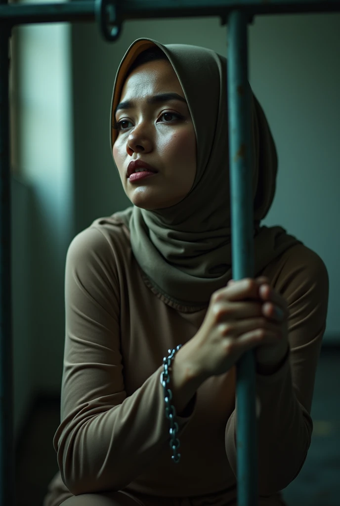 (Photography)(dynamic) Show a Malay female, in prison. Wearing hijab, nude color skintight inner and leggings. Hands chained. Crying.
