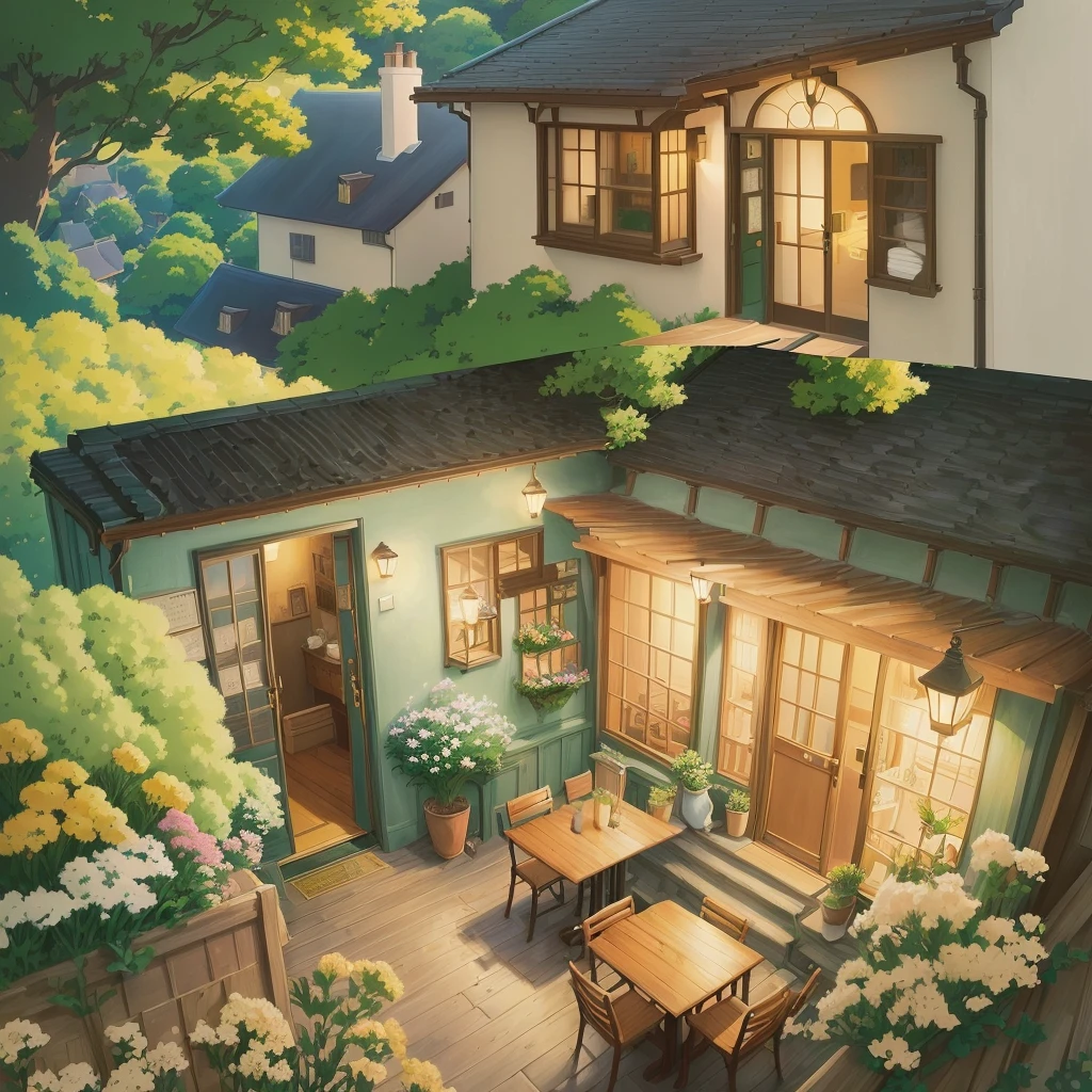 There is a painting，There is a house in the painting，There is a patio and a table inside., Warm home background, Cozy cafe background, Anime Background Art, Comfortable place, A beautiful artistic illustration, studio Ghibli art style, Delicate soft painting, Detailed 4k, Ghibli art style, Studio Ghibli style, Detailed scenery —width 672, studio ghibli artstyle