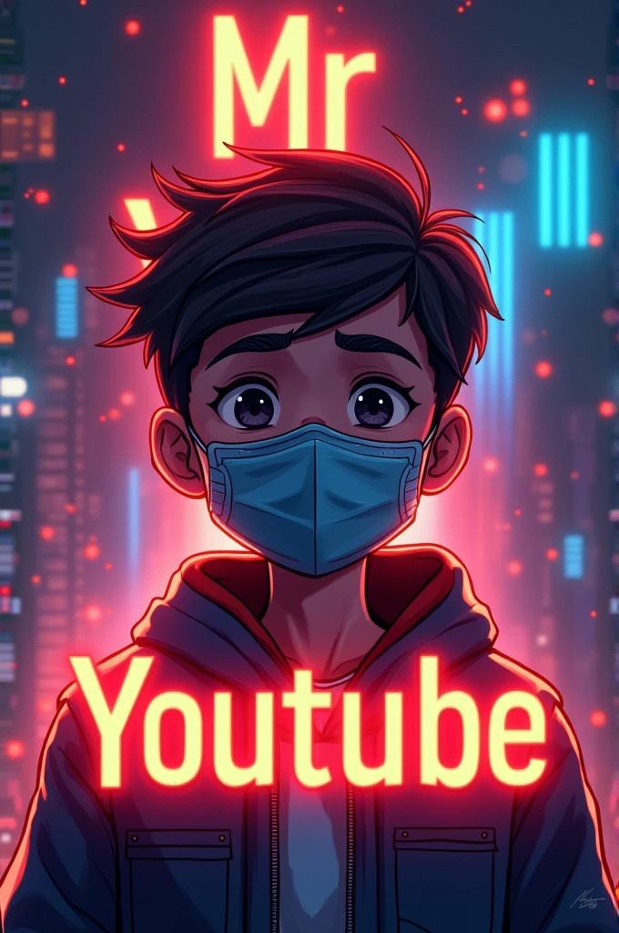 Create a a digital illustration square image featuring a boy wearing a face mask, standing in front of a glowing background. In the background, prominently display the text "Mr YouTube" in a bold, glowing font. The overall design should be eye-catching and visually striking, with the glowing text adding a dynamic and engaging effect.