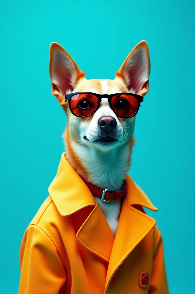 The best cell phone wallpaper, Award-Winning Wallpaper, portrait photography, In the front view is a portrait of a cute dog wearing mid-1960s space age fashion, Side view photo, Shot with Canon EOS R5, Set a strong contrast that accentuates the subject, Fluorescent blue tone, Wearing a very modern coat and sunglasses is a modern 1960s style, Clothes all in one color, beautiful background