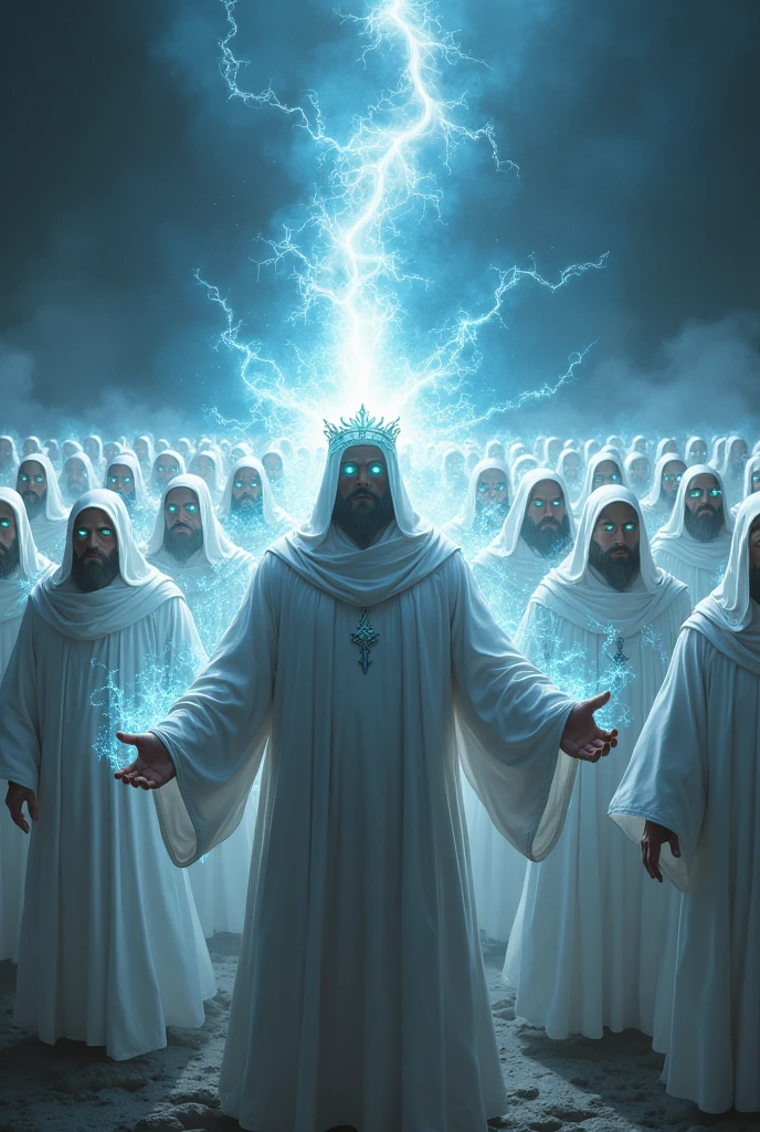 Make an army of men in white robes , with energy powers and one has an energy crown 
