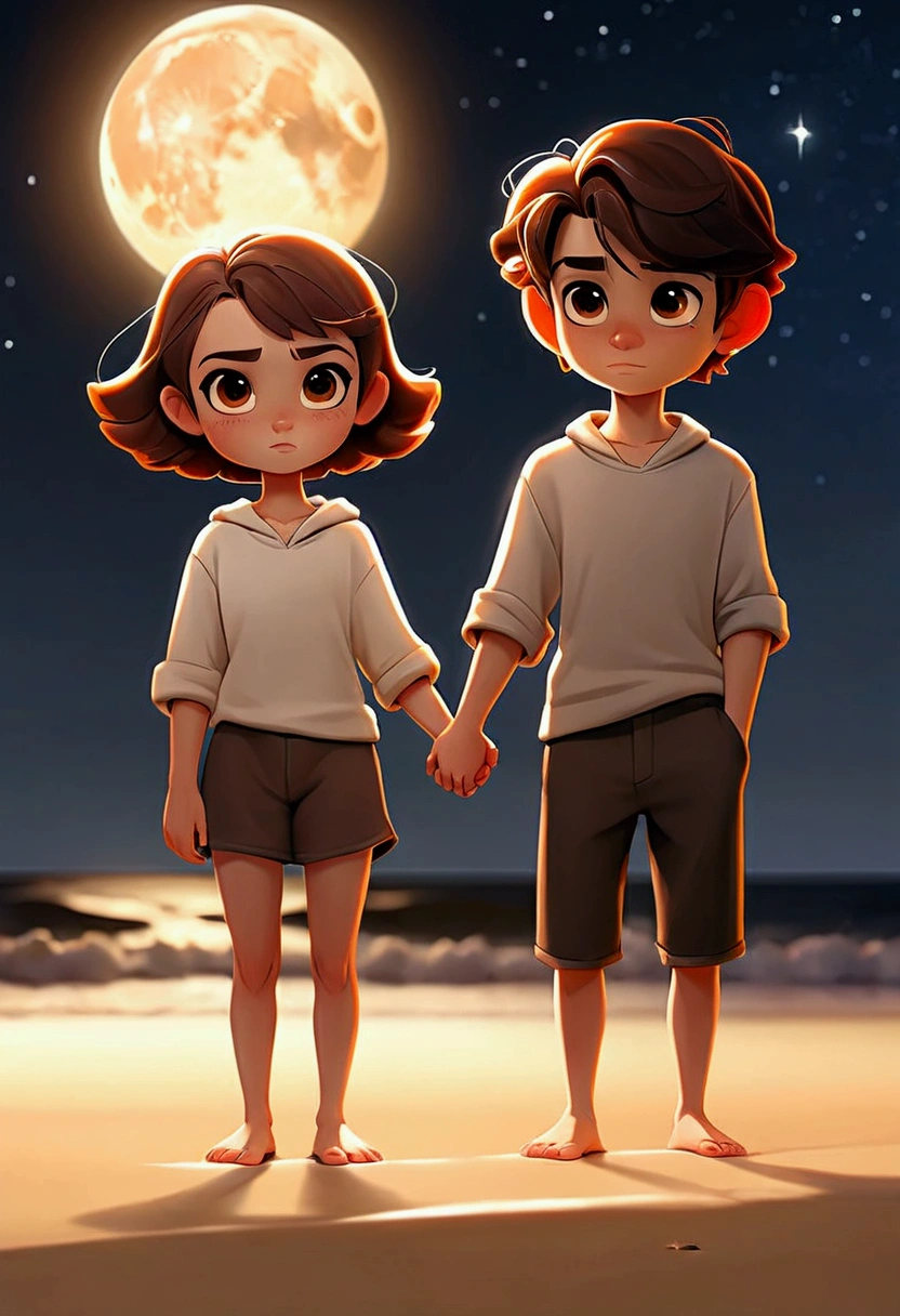 a brown-haired girl with short hair and hazel eyes, at your side, a dark-haired boy with brown eyes, holding hands on a beach landscape at night with bright stars
