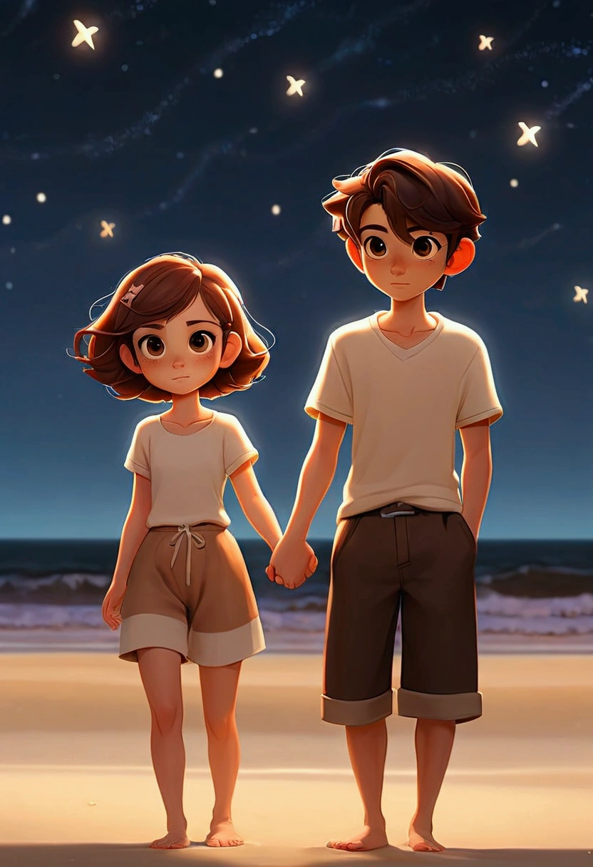 a brown-haired girl with short hair and hazel eyes, at your side, a dark-haired boy with brown eyes, holding hands on a beach landscape at night with bright stars