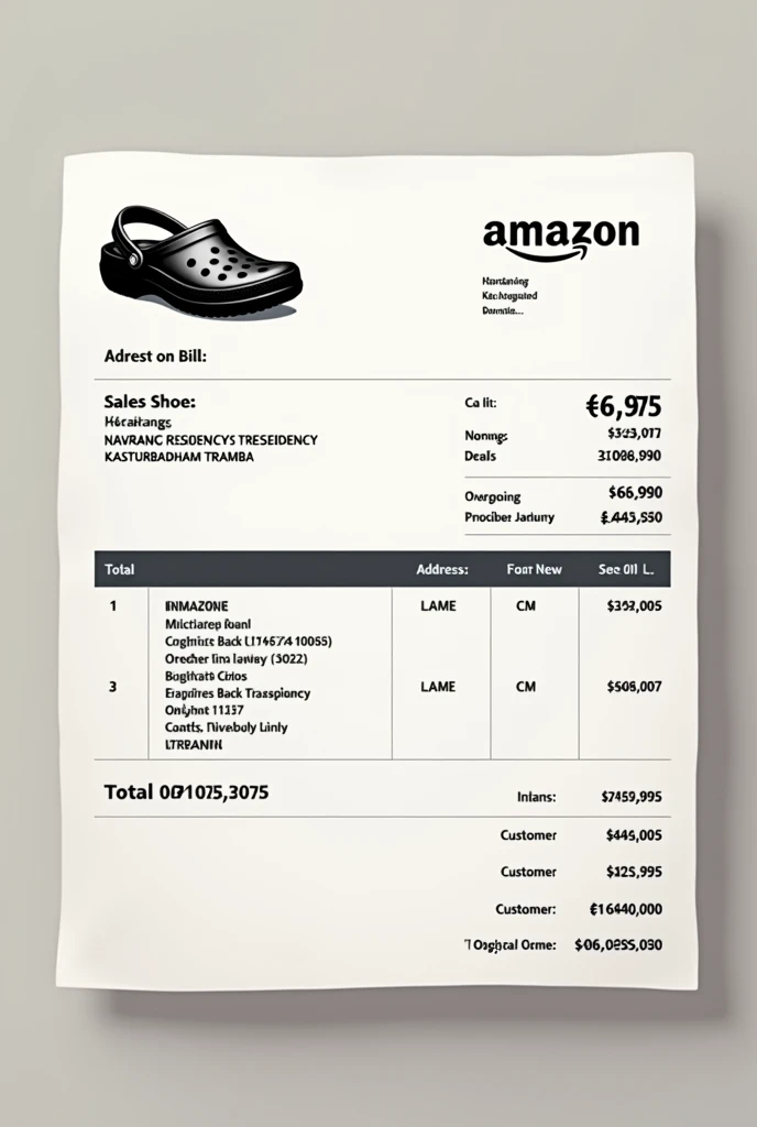 The Bill is from Amazon.Creat the bill of  black crocs unisex whose total is  prize is 6995Rs and the customer name is Harman Trapasiya and in address Navrang Residency Kasturbadham Tramba . only photo of the bill 