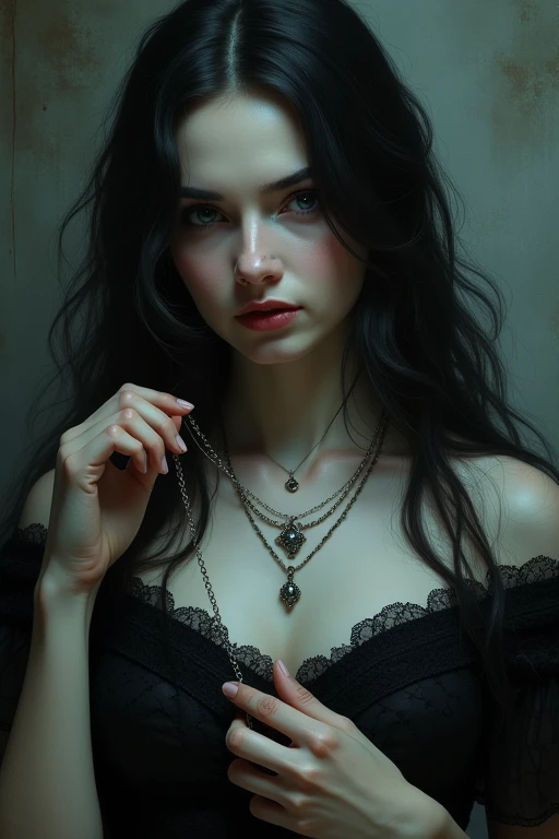 a woman with long hair and a necklace in her hand, tom bagshaw artstyle, tom bagshaw portrait, tom bagshaw style, in the art style of bowater, dark fantasy portrait, artstyle tom bagshaw, fantasy victorian art, elegant victorian vampire, stunning digital illustration, in the style of tom bagshaw, style of tom bagshaw, victorian lady
