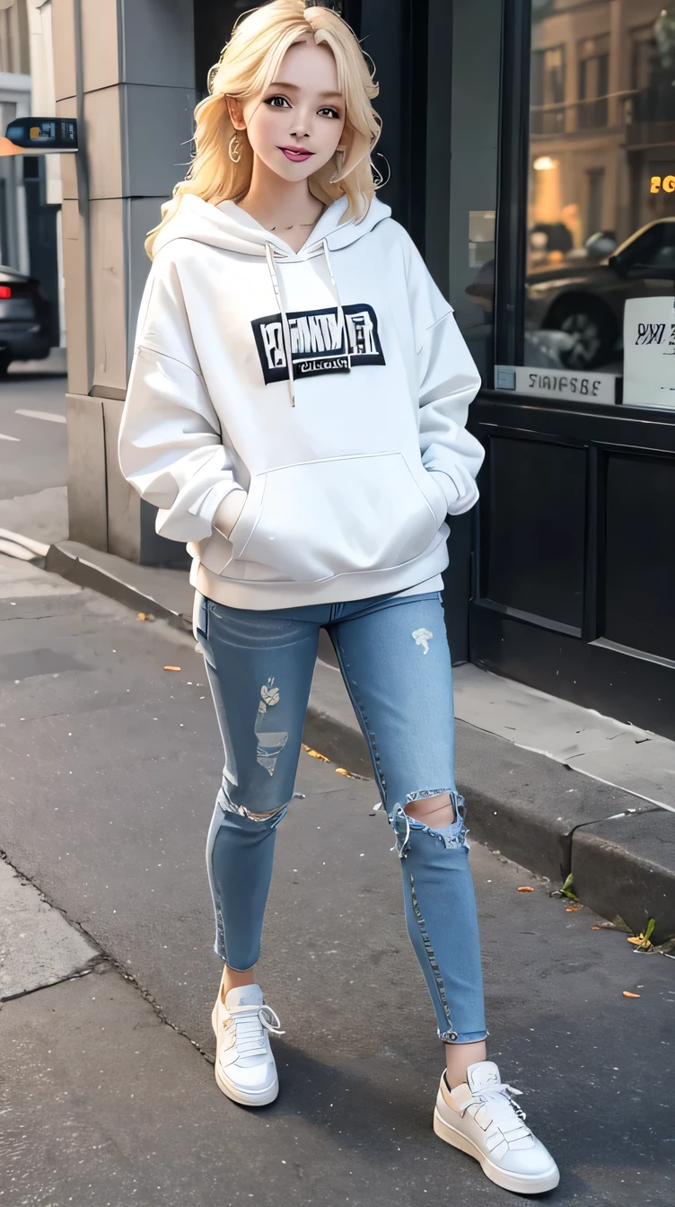 A charming white woman confidently rocking trendy streetwear., Full body photo、Blonde Hair、Wavy Hair、hoodie、Skinny jeans、sneakers、Ear piercing、smile、The background is downtown