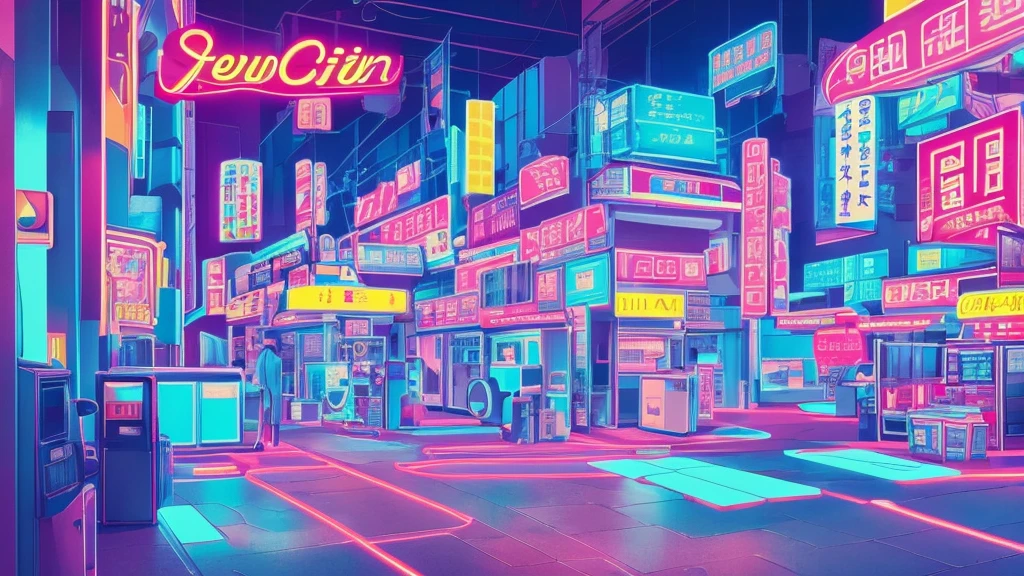 Neon City、Long Shot、City Pop、summer、Behind the scenes、Sitting deep in a chair、Crossing your legs、Neon stand lights in both corners of the room、Drinking a melon cream soda with a cherry on a straw、Headphones、A cluttered workroom、Desktop Computers、Computer Typing、Retro、Fan、record、Famicom、cd、壁に貼られたRetroポスター、Full body shot from a distance、Room depicted from a diagonal angle、