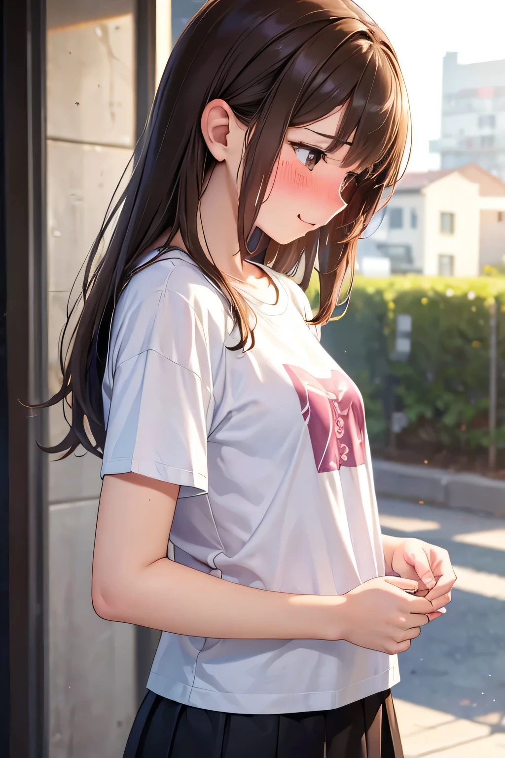 master piece,best quality,ultra-detailed,1girl,yo,brown hair,straight hair,small breasts,realistic,(happy:1.2),(nose blush),(embarrassed),(looking down:1.3),upper body,from side,t-shirt,a-line skirt,station home