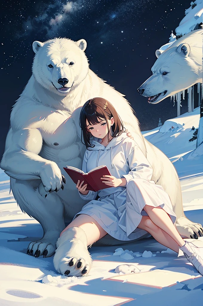 polar bear protecting a girl reading a book