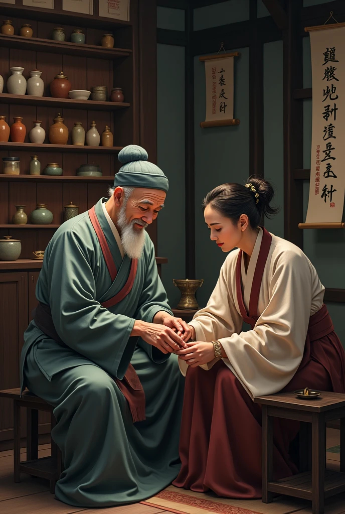 A 60 years old chinese traditional physician who is examining a patient.