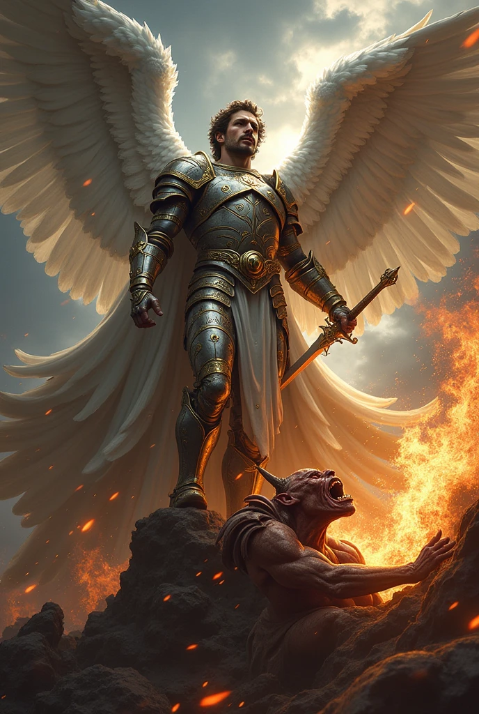 
Imagine Saint Michael with a sword armor and stepping on a demon on a hyperrealistic dark cloudy background with beautiful wings and real feathers 