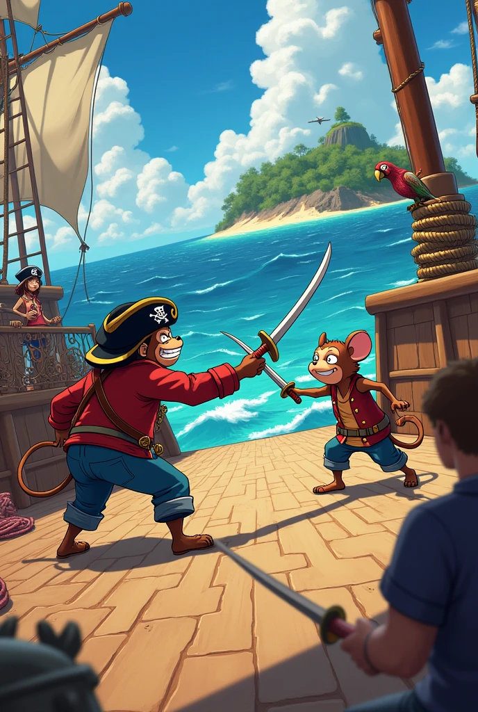 a monkey and a mouse with swords in a one piece pirate movie