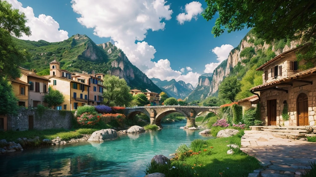 Ancient Italian Village, mystical nature, Rivers, Mountains and forests, waterfall, cloud, Photorealistic photos, It's not 8k. Aerial view.